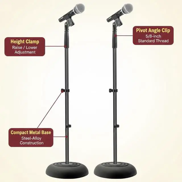 Alt view image 5 of 7 - Pyle Universal Microphone Stand - Handheld Mic Compatible, Heavy Compact Base, Lightweight & Compact Design, 2.8 to 5 Ft Height Adjustable Clamp, Pivot Angle Clip, Home/Studio Use (Pair)