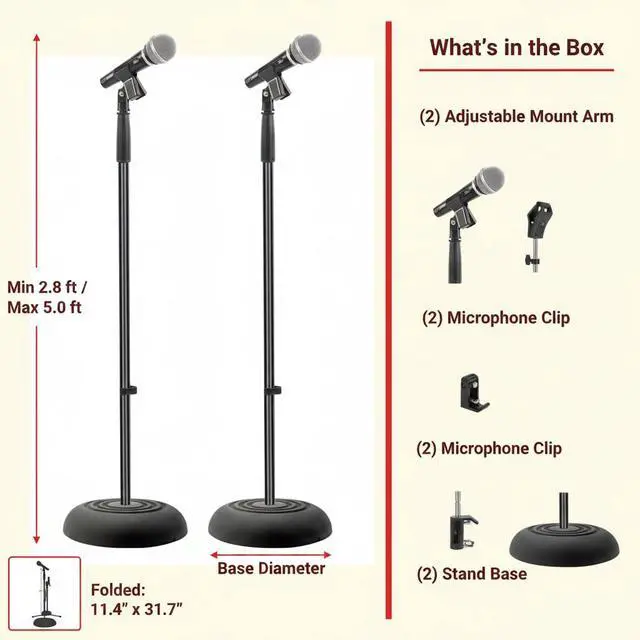 Alt view image 6 of 7 - Pyle Universal Microphone Stand - Handheld Mic Compatible, Heavy Compact Base, Lightweight & Compact Design, 2.8 to 5 Ft Height Adjustable Clamp, Pivot Angle Clip, Home/Studio Use (Pair)