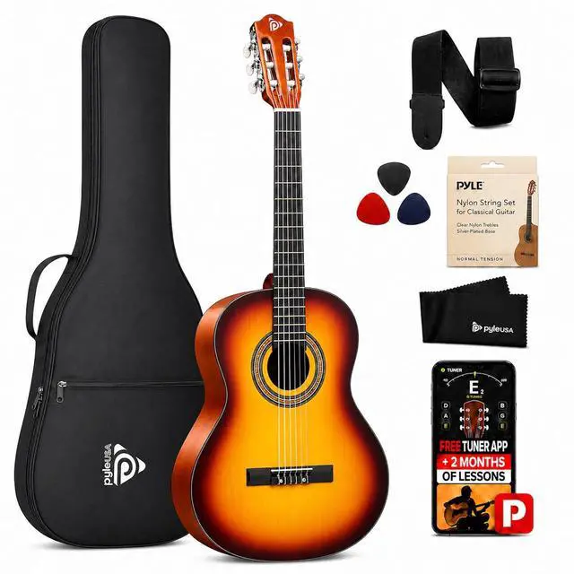 Main image of Pyle 36-Inch Beginner Classical Acoustic Guitar Kit, 3/4 Size Junior Nylon String Guitar for Kids and Adults, Includes Gig Bag, Strap, Spare Strings, Picks, Cleaning Cloth, 18 Frets, Brown Burst