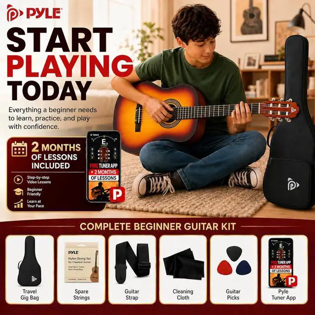Alt view image 2 of 6 - Pyle 36-Inch Beginner Classical Acoustic Guitar Kit, 3/4 Size Junior Nylon String Guitar for Kids and Adults, Includes Gig Bag, Strap, Spare Strings, Picks, Cleaning Cloth, 18 Frets, Brown Burst