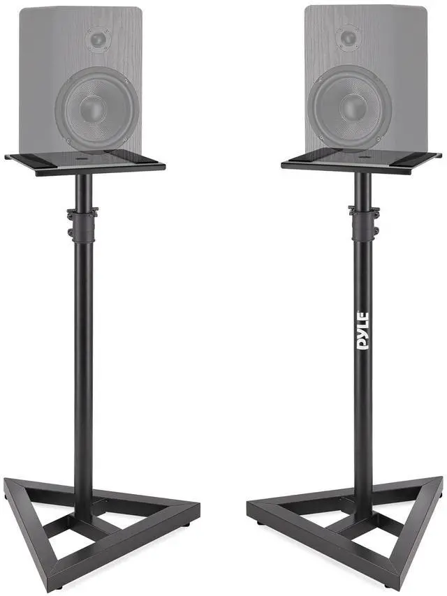 Main image of Pyle Speaker Stand Pair of Sound Play 1 and 3 Holder - Telescoping Height Adjustable from 26 - 52 Inch High Heavy Duty Three-point Triangle Base w/ Floor Spikes and 9 Square Platform, Black