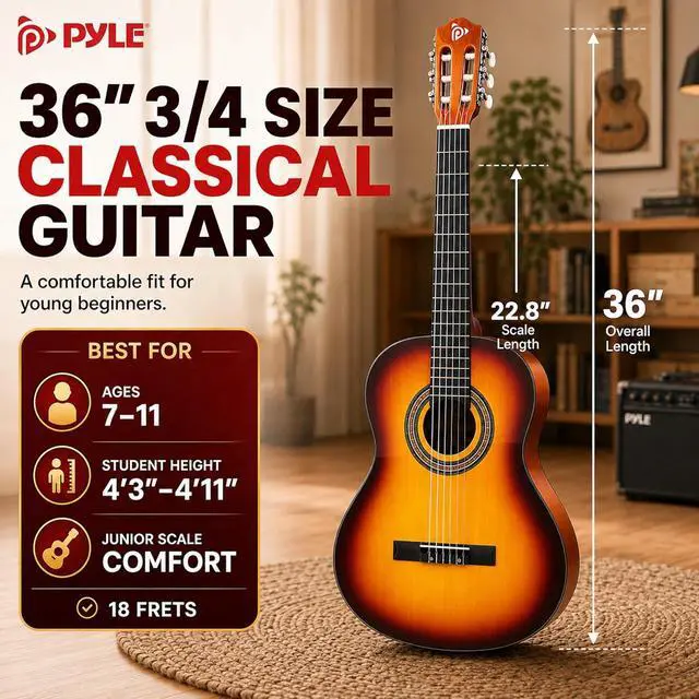 Alt view image 3 of 6 - Pyle 36-Inch Beginner Classical Acoustic Guitar Kit, 3/4 Size Junior Nylon String Guitar for Kids and Adults, Includes Gig Bag, Strap, Spare Strings, Picks, Cleaning Cloth, 18 Frets, Brown Burst
