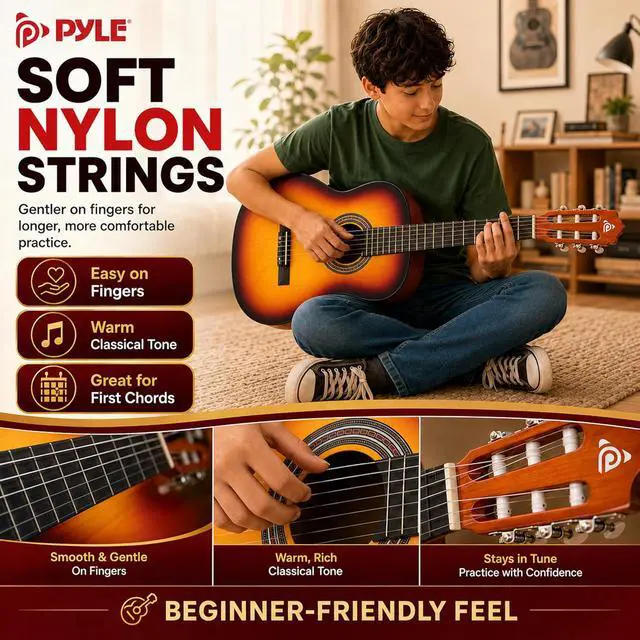 Alt view image 4 of 6 - Pyle 36-Inch Beginner Classical Acoustic Guitar Kit, 3/4 Size Junior Nylon String Guitar for Kids and Adults, Includes Gig Bag, Strap, Spare Strings, Picks, Cleaning Cloth, 18 Frets, Brown Burst