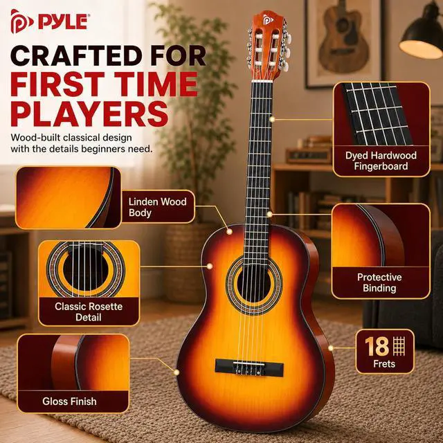 Alt view image 5 of 6 - Pyle 36-Inch Beginner Classical Acoustic Guitar Kit, 3/4 Size Junior Nylon String Guitar for Kids and Adults, Includes Gig Bag, Strap, Spare Strings, Picks, Cleaning Cloth, 18 Frets, Brown Burst