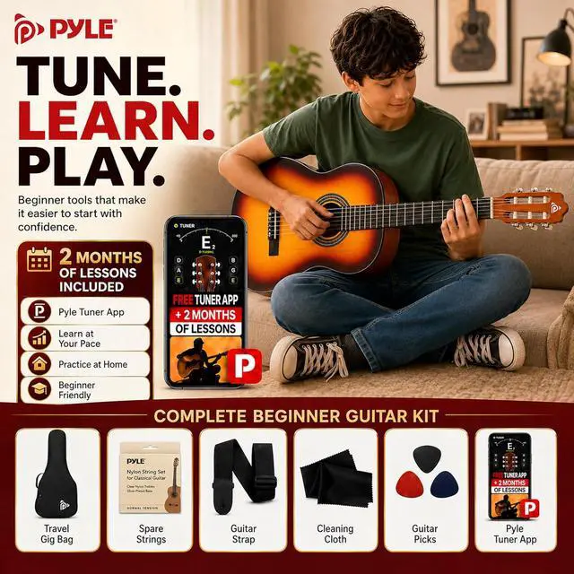 Alt view image 6 of 6 - Pyle 36-Inch Beginner Classical Acoustic Guitar Kit, 3/4 Size Junior Nylon String Guitar for Kids and Adults, Includes Gig Bag, Strap, Spare Strings, Picks, Cleaning Cloth, 18 Frets, Brown Burst