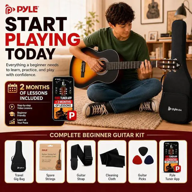 Alt view image 2 of 6 - Pyle 36-Inch Beginner Classical Acoustic Guitar Kit, 3/4 Size Junior Nylon String Guitar for Kids and Adults, Includes Gig Bag, Strap, Spare Strings, Picks, Cleaning Cloth, 18 Frets, Sunburst Teardrop