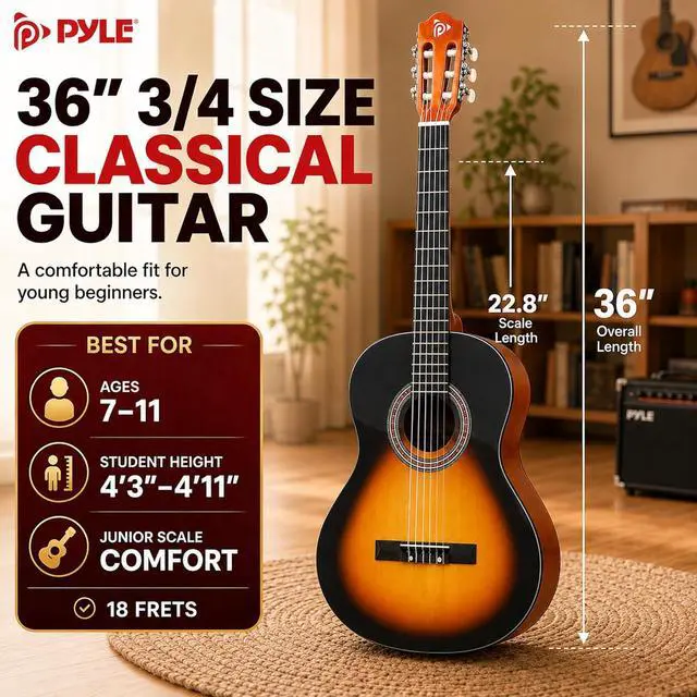 Alt view image 4 of 6 - Pyle 36-Inch Beginner Classical Acoustic Guitar Kit, 3/4 Size Junior Nylon String Guitar for Kids and Adults, Includes Gig Bag, Strap, Spare Strings, Picks, Cleaning Cloth, 18 Frets, Sunburst Teardrop