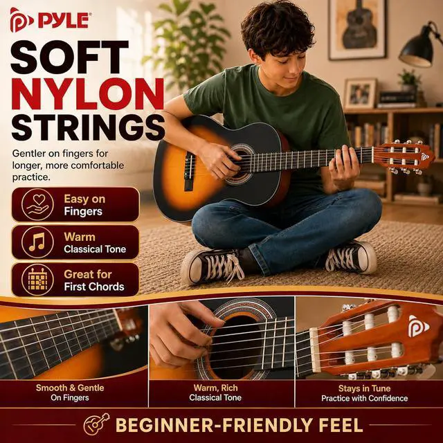 Alt view image 5 of 6 - Pyle 36-Inch Beginner Classical Acoustic Guitar Kit, 3/4 Size Junior Nylon String Guitar for Kids and Adults, Includes Gig Bag, Strap, Spare Strings, Picks, Cleaning Cloth, 18 Frets, Sunburst Teardrop