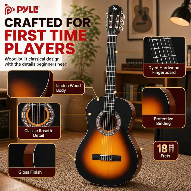 Alt view image 3 of 6 - Pyle 36-Inch Beginner Classical Acoustic Guitar Kit, 3/4 Size Junior Nylon String Guitar for Kids and Adults, Includes Gig Bag, Strap, Spare Strings, Picks, Cleaning Cloth, 18 Frets, Sunburst Teardrop