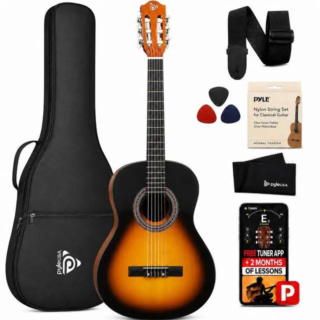 Main image of Pyle 36-Inch Beginner Classical Acoustic Guitar Kit, 3/4 Size Junior Nylon String Guitar for Kids and Adults, Includes Gig Bag, Strap, Spare Strings, Picks, Cleaning Cloth, 18 Frets, Sunburst Teardrop