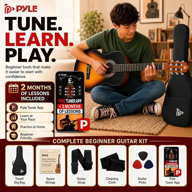 Alt view image 6 of 6 - Pyle 36-Inch Beginner Classical Acoustic Guitar Kit, 3/4 Size Junior Nylon String Guitar for Kids and Adults, Includes Gig Bag, Strap, Spare Strings, Picks, Cleaning Cloth, 18 Frets, Sunburst Teardrop