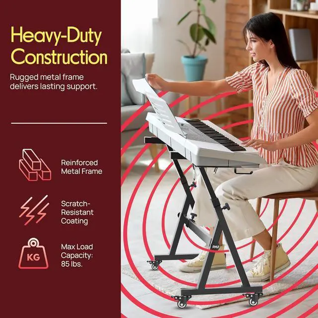 Alt view image 5 of 7 - Pyle Universal Electronic Piano, Black Heavy-Duty Z Style Keyboard Stand with Locking Wheels, Adjustable Height and Width, Portable Organ Holder Rack, Collapsible Design (PKSTZ88)