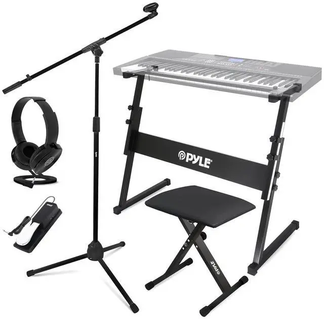 Main image of PYLE Heavy-Duty Electric Keyboard Accessories, E Piano Equipment Pack Includes Height Adjustable Z Shape Keyboard Stand, Keyboard Stool, Microphone Stand, Headset, and Sustain Pedal, Black