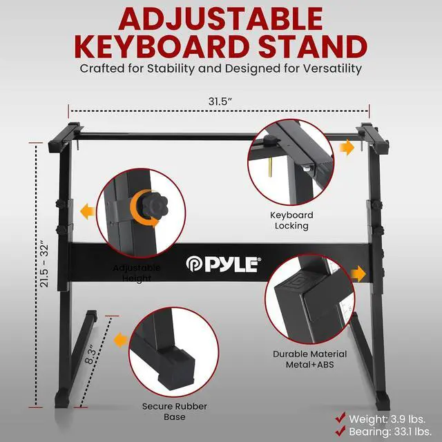 Alt view image 2 of 7 - PYLE Heavy-Duty Electric Keyboard Accessories, E Piano Equipment Pack Includes Height Adjustable Z Shape Keyboard Stand, Keyboard Stool, Microphone Stand, Headset, and Sustain Pedal, Black
