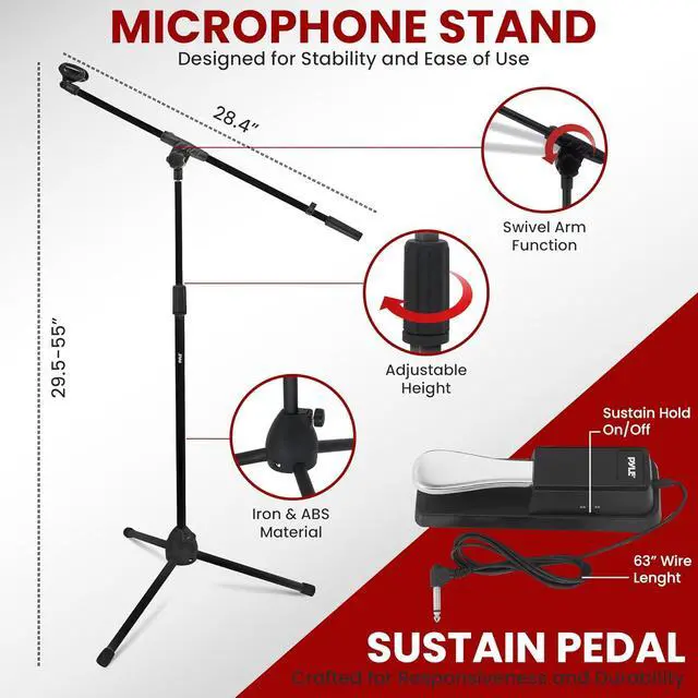 Alt view image 5 of 7 - PYLE Heavy-Duty Electric Keyboard Accessories, E Piano Equipment Pack Includes Height Adjustable Z Shape Keyboard Stand, Keyboard Stool, Microphone Stand, Headset, and Sustain Pedal, Black