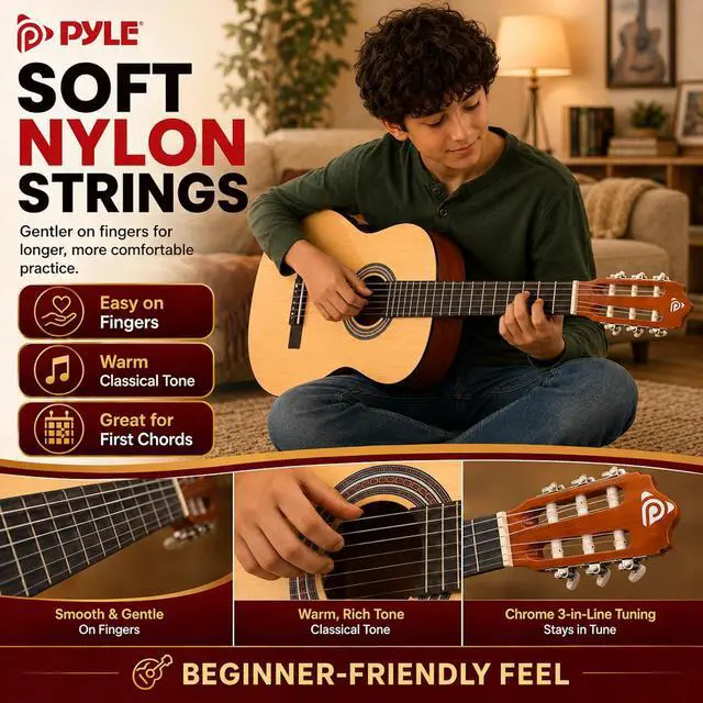Alt view image 4 of 6 - Pyle Beginner Acoustic Guitar Kit, 1/2 Junior Size All Wood Instrument with Full Accessory Kit, Picks, Shoulder Strap, Carry Case, Cleaning Cloth, Tuner App, 2 Month Lessons, 34