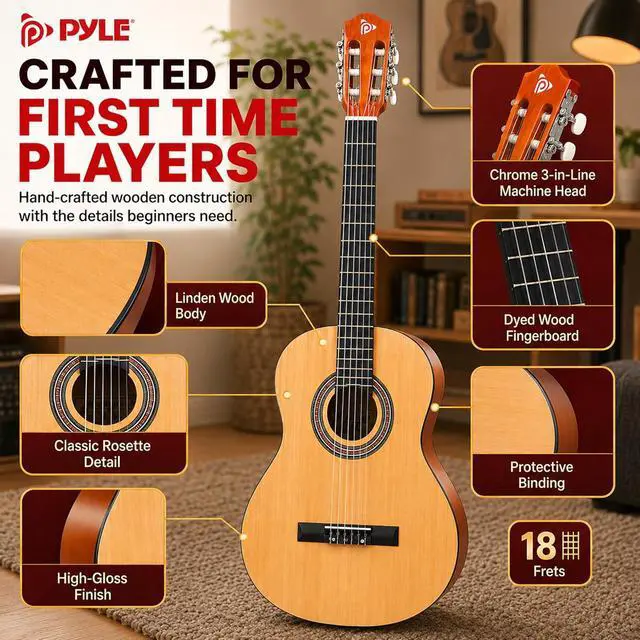 Alt view image 5 of 6 - Pyle Beginner Acoustic Guitar Kit, 1/2 Junior Size All Wood Instrument with Full Accessory Kit, Picks, Shoulder Strap, Carry Case, Cleaning Cloth, Tuner App, 2 Month Lessons, 34