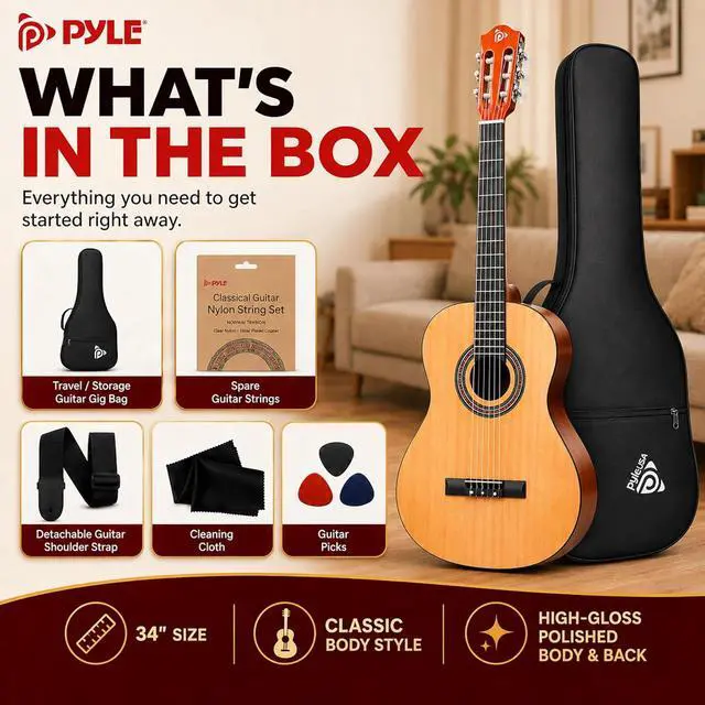 Alt view image 6 of 6 - Pyle Beginner Acoustic Guitar Kit, 1/2 Junior Size All Wood Instrument with Full Accessory Kit, Picks, Shoulder Strap, Carry Case, Cleaning Cloth, Tuner App, 2 Month Lessons, 34
