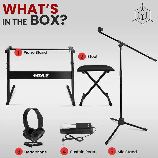 Alt view image 7 of 7 - PYLE Heavy-Duty Electric Keyboard Accessories, E Piano Equipment Pack Includes Height Adjustable Z Shape Keyboard Stand, Keyboard Stool, Microphone Stand, Headset, and Sustain Pedal, Black