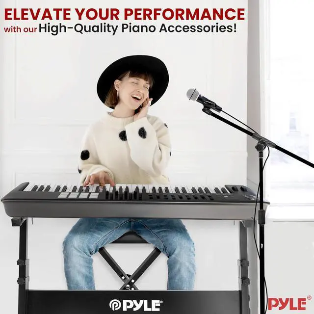 Alt view image 6 of 7 - PYLE Heavy-Duty Electric Keyboard Accessories, E Piano Equipment Pack Includes Height Adjustable Z Shape Keyboard Stand, Keyboard Stool, Microphone Stand, Headset, and Sustain Pedal, Black