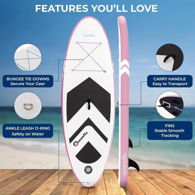 Alt view image 3 of 7 - SereneLife 7'9" Kids Inflatable Stand Up Paddle Board - SUP for Youth with Single-Action Pump, Adjustable Paddle & Backpack - 30 Wide Stable Design with Non-Slip EVA Deck Pad, Ages 5+, 200lb Capacity