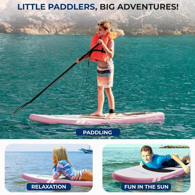 Alt view image 2 of 7 - SereneLife 7'9" Kids Inflatable Stand Up Paddle Board - SUP for Youth with Single-Action Pump, Adjustable Paddle & Backpack - 30 Wide Stable Design with Non-Slip EVA Deck Pad, Ages 5+, 200lb Capacity