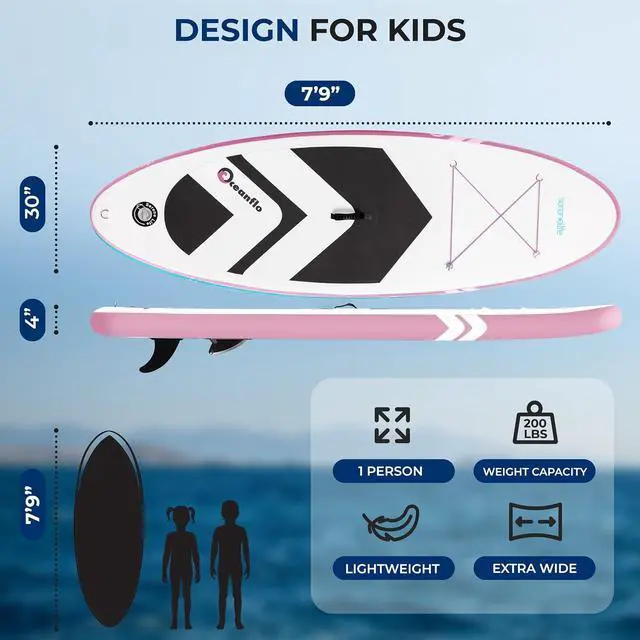 Alt view image 5 of 7 - SereneLife 7'9" Kids Inflatable Stand Up Paddle Board - SUP for Youth with Single-Action Pump, Adjustable Paddle & Backpack - 30 Wide Stable Design with Non-Slip EVA Deck Pad, Ages 5+, 200lb Capacity