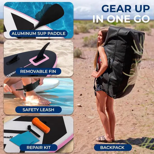 Alt view image 7 of 7 - SereneLife 7'9" Kids Inflatable Stand Up Paddle Board - SUP for Youth with Single-Action Pump, Adjustable Paddle & Backpack - 30 Wide Stable Design with Non-Slip EVA Deck Pad, Ages 5+, 200lb Capacity