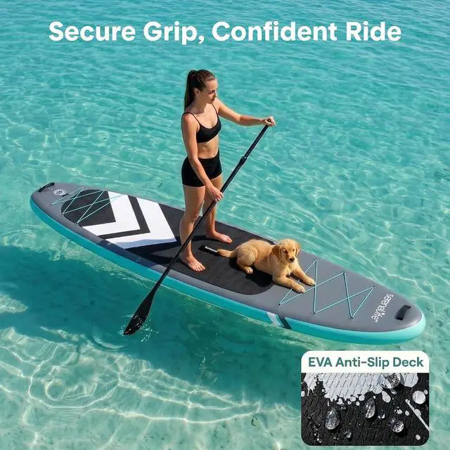 Alt view image 4 of 7 - SereneLife 10 Inflatable Stand Up Paddle Board with Premium SUP Accessories - Wide Stable Design with Non-Slip EVA Deck Pad, for Youth and Adults, 350 lbs. Capacity