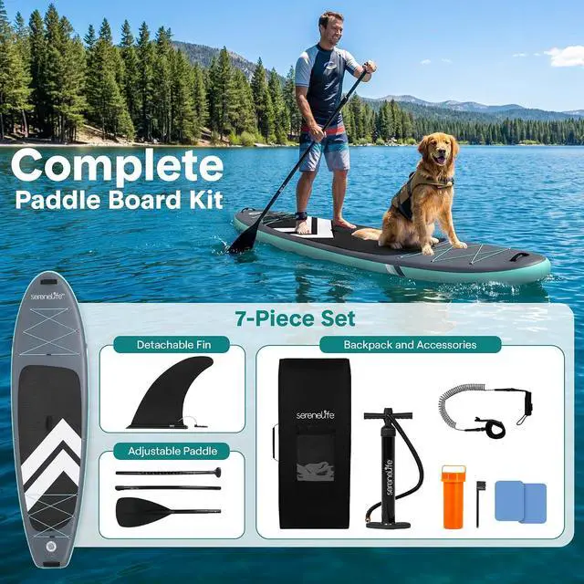 Alt view image 5 of 7 - SereneLife 10 Inflatable Stand Up Paddle Board with Premium SUP Accessories - Wide Stable Design with Non-Slip EVA Deck Pad, for Youth and Adults, 350 lbs. Capacity