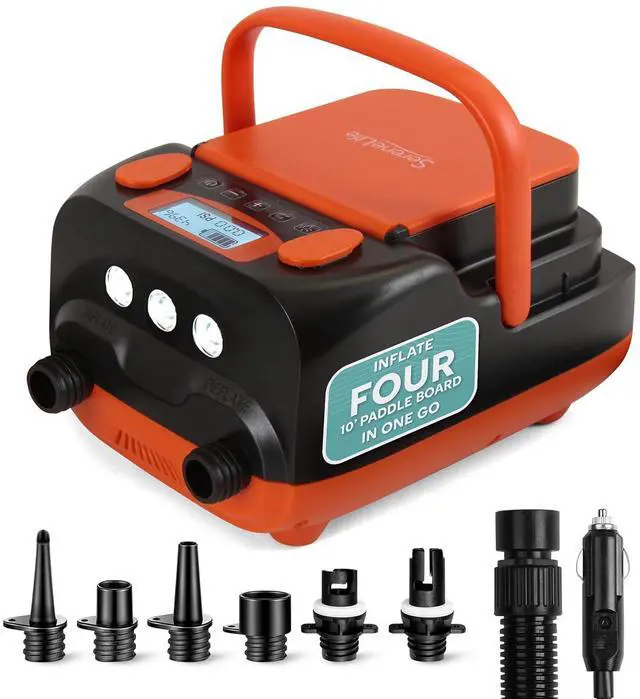 Main image of SereneLife Inflatable Paddle Board Pump Compressor - 16PSI High Pressure SUP Inflator - 12V DC Car Connector - Electric Air Pump for Paddle Boards, Boats, Rafts, Pool Toys - Deflation Function