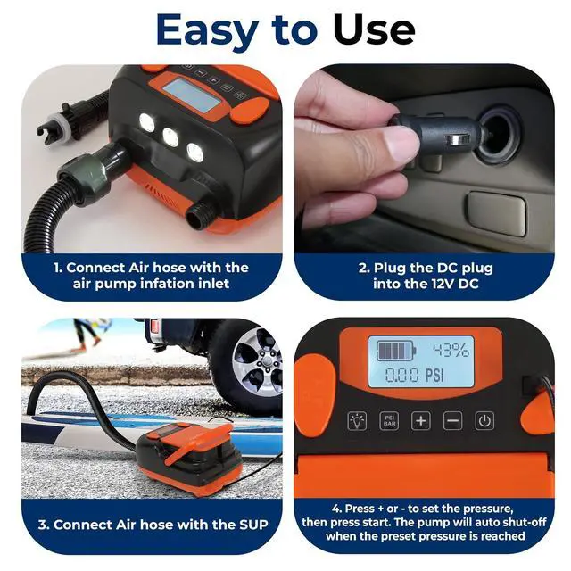 Alt view image 6 of 7 - SereneLife Inflatable Paddle Board Pump Compressor - 16PSI High Pressure SUP Inflator - 12V DC Car Connector - Electric Air Pump for Paddle Boards, Boats, Rafts, Pool Toys - Deflation Function