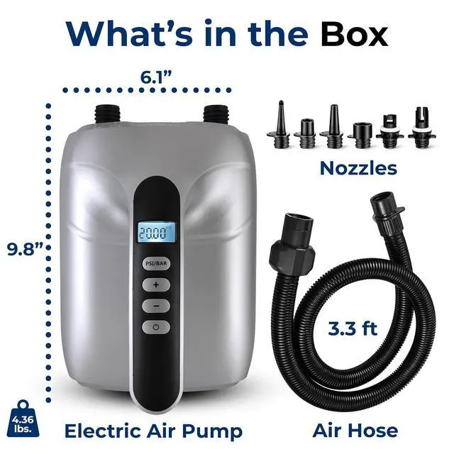 Alt view image 3 of 7 - Paddle Board Pump Electric - Portable 20 PSI Dual-Stage Air Compressor for Super Fast Inflation and Deflation, Auto-Off, LCD Display and 12V Car Connector - for SUP, Boats & Inflatables