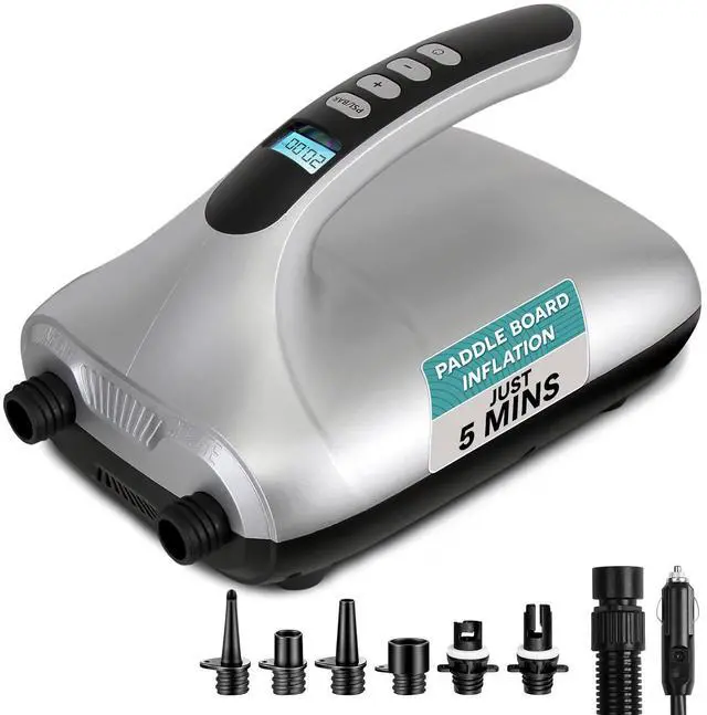 Main image of Paddle Board Pump Electric - Portable 20 PSI Dual-Stage Air Compressor for Super Fast Inflation and Deflation, Auto-Off, LCD Display and 12V Car Connector - for SUP, Boats & Inflatables