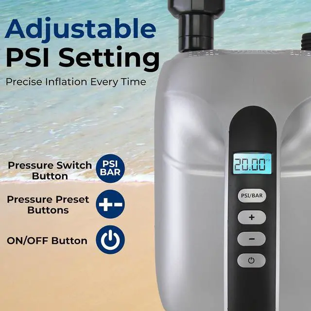 Alt view image 4 of 7 - Paddle Board Pump Electric - Portable 20 PSI Dual-Stage Air Compressor for Super Fast Inflation and Deflation, Auto-Off, LCD Display and 12V Car Connector - for SUP, Boats & Inflatables