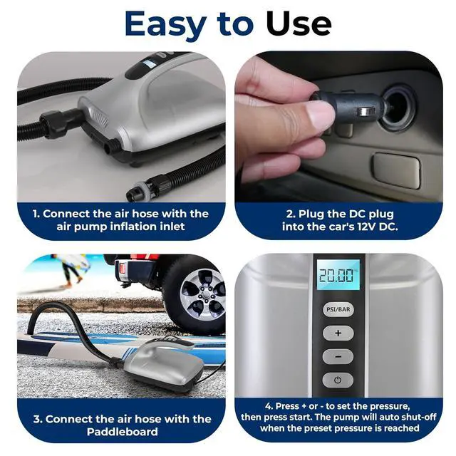 Alt view image 7 of 7 - Paddle Board Pump Electric - Portable 20 PSI Dual-Stage Air Compressor for Super Fast Inflation and Deflation, Auto-Off, LCD Display and 12V Car Connector - for SUP, Boats & Inflatables