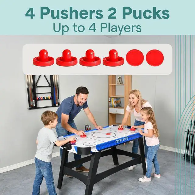 Alt view image 2 of 6 - SereneLife 58in Powered Air Hockey Table Upgraded 700mA 12v 2X Powerful Motor, 4 Player 4 Pucks 2 Pushers, Full-Size Arcade Style, Inline Power Switch and Battery Free Digital LED Score Board