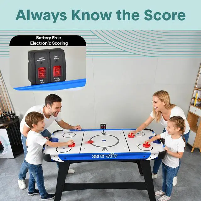 Alt view image 4 of 6 - SereneLife 58in Powered Air Hockey Table Upgraded 700mA 12v 2X Powerful Motor, 4 Player 4 Pucks 2 Pushers, Full-Size Arcade Style, Inline Power Switch and Battery Free Digital LED Score Board