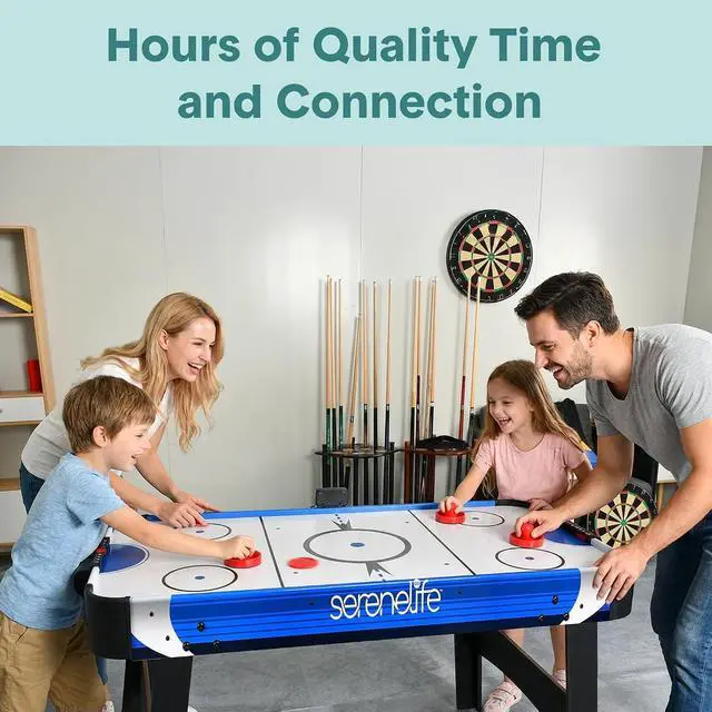 Alt view image 5 of 6 - SereneLife 58in Powered Air Hockey Table Upgraded 700mA 12v 2X Powerful Motor, 4 Player 4 Pucks 2 Pushers, Full-Size Arcade Style, Inline Power Switch and Battery Free Digital LED Score Board