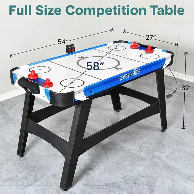 Alt view image 6 of 6 - SereneLife 58in Powered Air Hockey Table Upgraded 700mA 12v 2X Powerful Motor, 4 Player 4 Pucks 2 Pushers, Full-Size Arcade Style, Inline Power Switch and Battery Free Digital LED Score Board