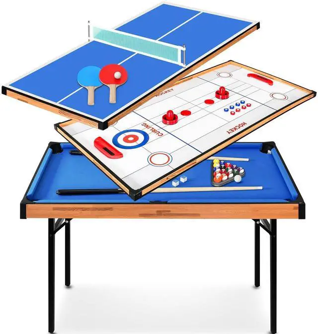 Main image of SereneLife 4 in 1 Multi Game Table, 4x2 Folding Portable Sports Arcade Games with Accessories, Ping Pong, Air Hockey, Pool Billiards, and Shuffleboard, for Indoor, Outdoor, All Ages