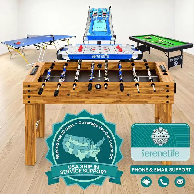 Alt view image 7 of 7 - SereneLife 48in Foosball Table, Competition Size Soccer Game Table for Kids and Adults, Home Game Room Arcade Set, Leveling Legs, Engineered Wood, Chrome Steel Rods, 2 Balls, 2 Cup Holders