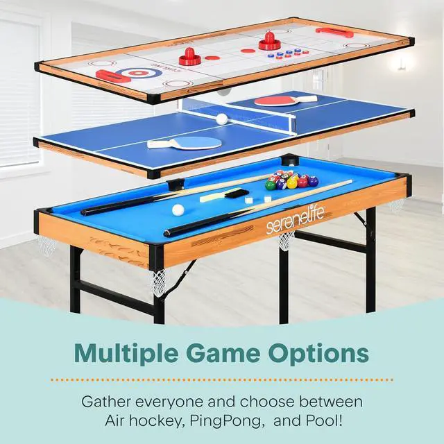 Alt view image 2 of 6 - SereneLife 4 in 1 Multi Game Table, 4x2 Folding Portable Sports Arcade Games with Accessories, Ping Pong, Air Hockey, Pool Billiards, and Shuffleboard, for Indoor, Outdoor, All Ages