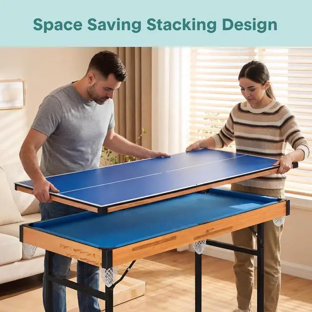 Alt view image 4 of 6 - SereneLife 4 in 1 Multi Game Table, 4x2 Folding Portable Sports Arcade Games with Accessories, Ping Pong, Air Hockey, Pool Billiards, and Shuffleboard, for Indoor, Outdoor, All Ages