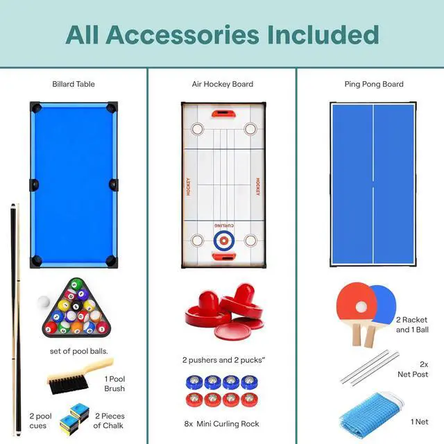 Alt view image 6 of 6 - SereneLife 4 in 1 Multi Game Table, 4x2 Folding Portable Sports Arcade Games with Accessories, Ping Pong, Air Hockey, Pool Billiards, and Shuffleboard, for Indoor, Outdoor, All Ages