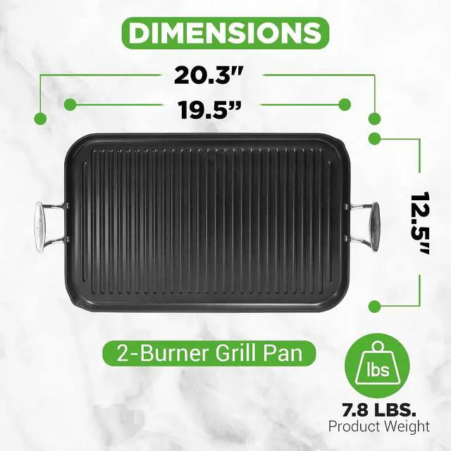 Alt view image 2 of 7 - NutriChef 20"x13" Stove Top Grill Pan - Double Burner, Hard-Anodized Non stick Grill & Griddle Pan