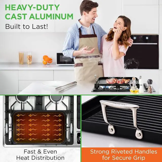 Alt view image 7 of 7 - NutriChef 20"x13" Stove Top Grill Pan - Double Burner, Hard-Anodized Non stick Grill & Griddle Pan