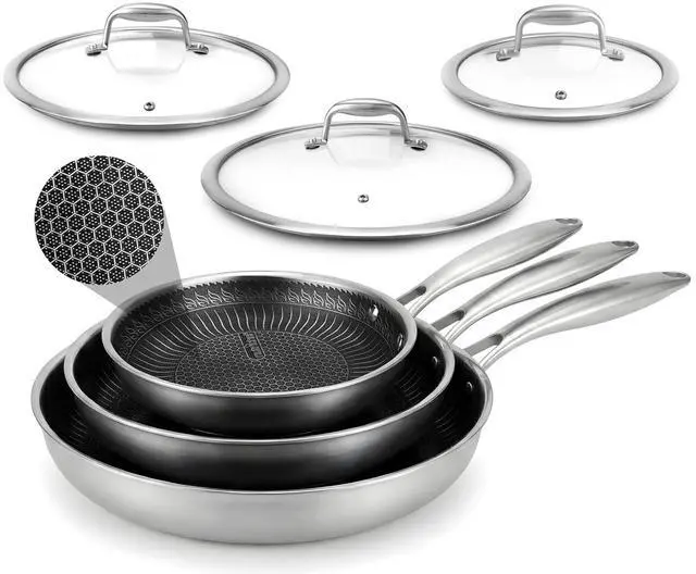 Main image of NutriChef 6-Piece Tri-Ply Stainless Steel Frying Pan Set 8", 10", 12" Non-Stick Skillets with Lids, Induction Compatible, Oven Safe, Scratch-Resistant, Dishwasher Safe