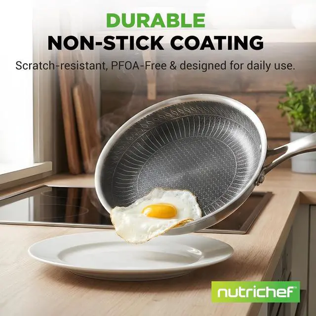 Alt view image 2 of 7 - NutriChef 6-Piece Tri-Ply Stainless Steel Frying Pan Set 8", 10", 12" Non-Stick Skillets with Lids, Induction Compatible, Oven Safe, Scratch-Resistant, Dishwasher Safe