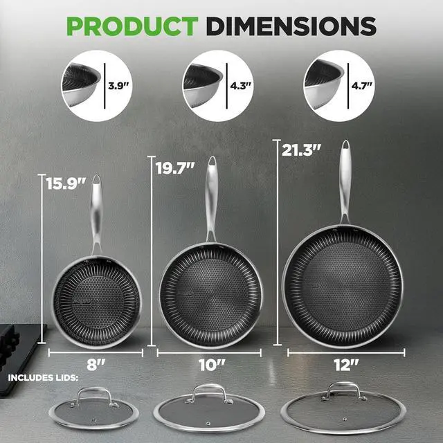 Alt view image 5 of 7 - NutriChef 6-Piece Tri-Ply Stainless Steel Frying Pan Set 8", 10", 12" Non-Stick Skillets with Lids, Induction Compatible, Oven Safe, Scratch-Resistant, Dishwasher Safe
